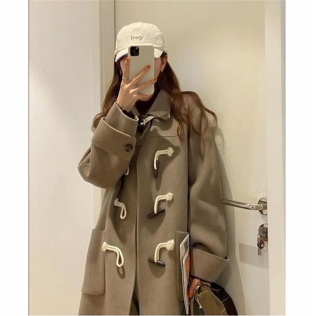 Autumn and Winter Women's Korean Edition Slim Cow Horn Button Coat Student Coat Small Medium Length Coat