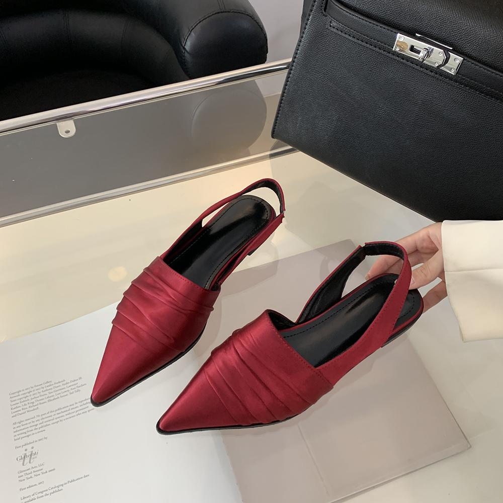 Модные женские сандалии с острым носком на плоской подошве и низким каблуком, летние туфли 2024 года, повседневные элегантные сандалии с ремешком сзади