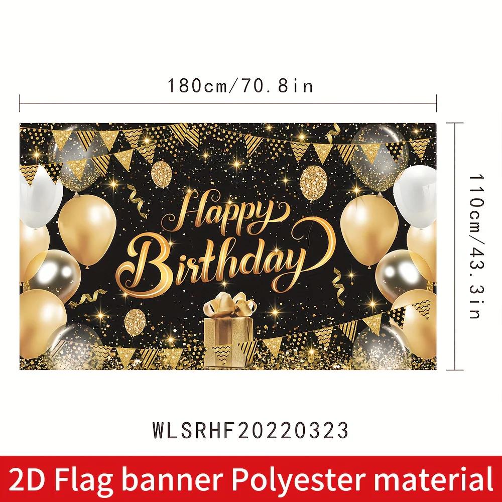 2D flag banner, 1 birthday celebration photography backdrop, black and gold glittering birthday banner background