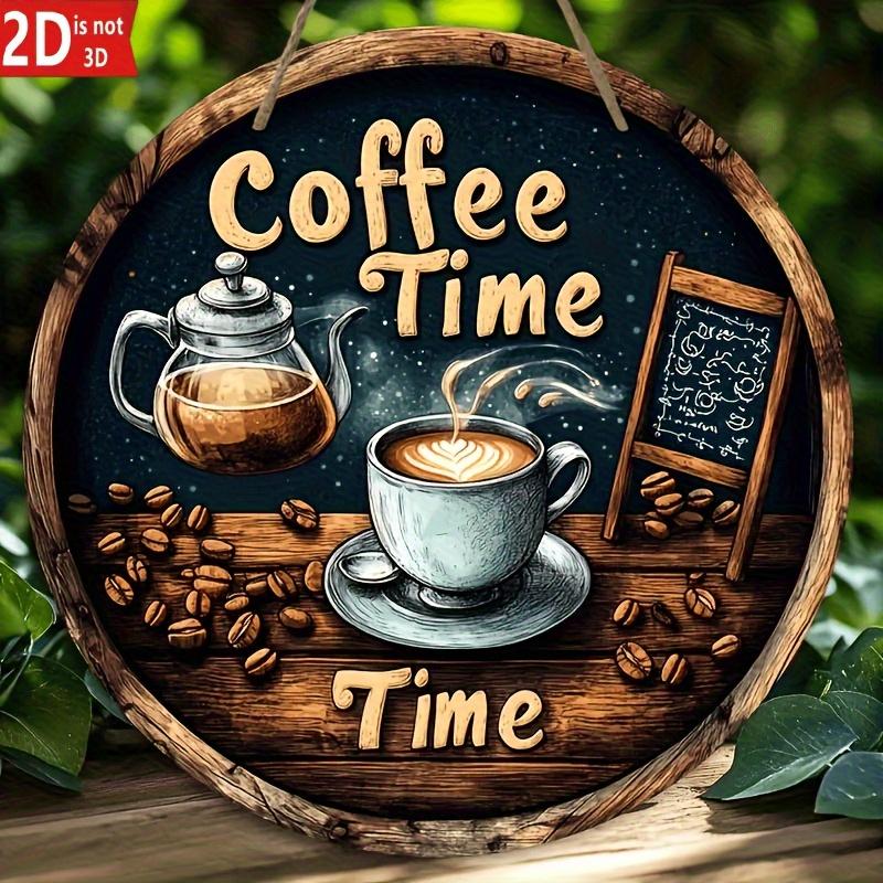 pc Vintage Coffee Tea Time Metal Wall Decor Rustic Farmhouse Cafe Sign with Coffee Beans Steam CupRound Dark