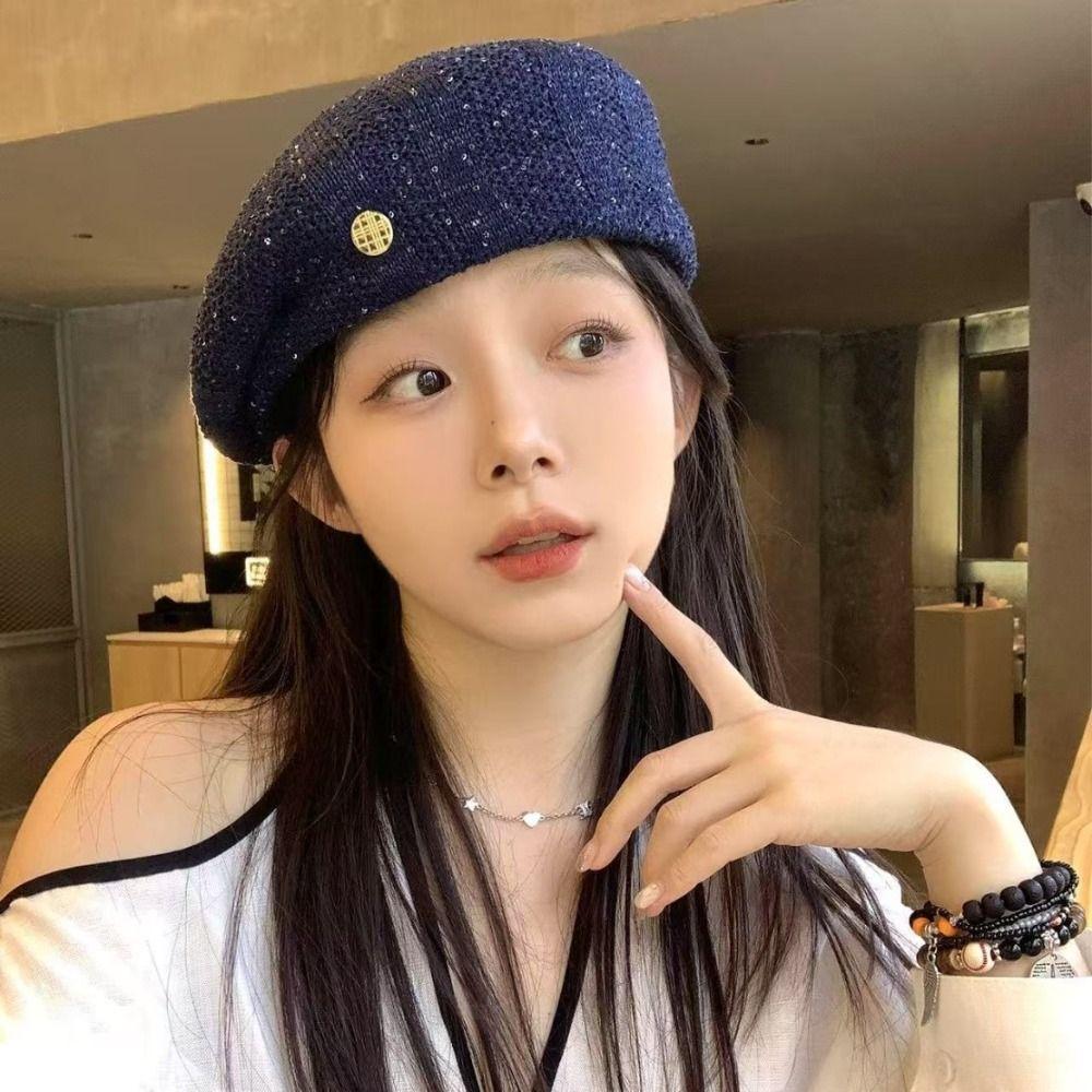 Paillette Weave Hat Breathable Crochet Knitted Cap Elegant Sequin Beret Hat Beach