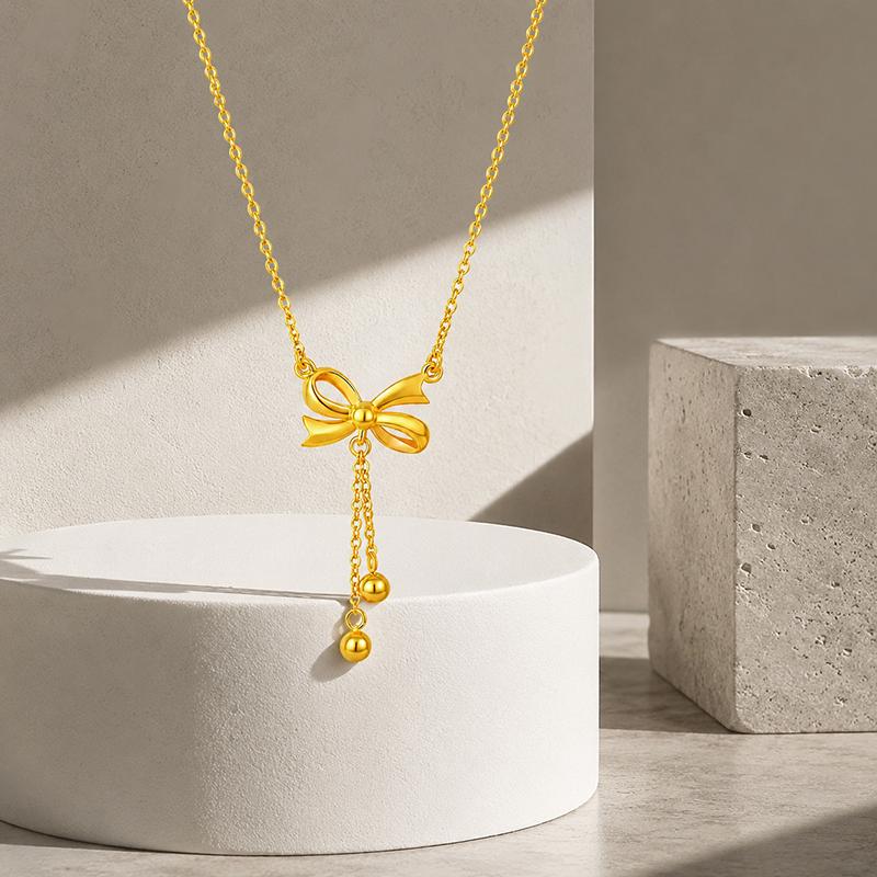 Dainty Gold Bow Knot Pendant Necklace for Women Trendy Tassel Drop Chain Elegant Fashion Pendant Jewelry Gift for Wedding Party Daily Wear
