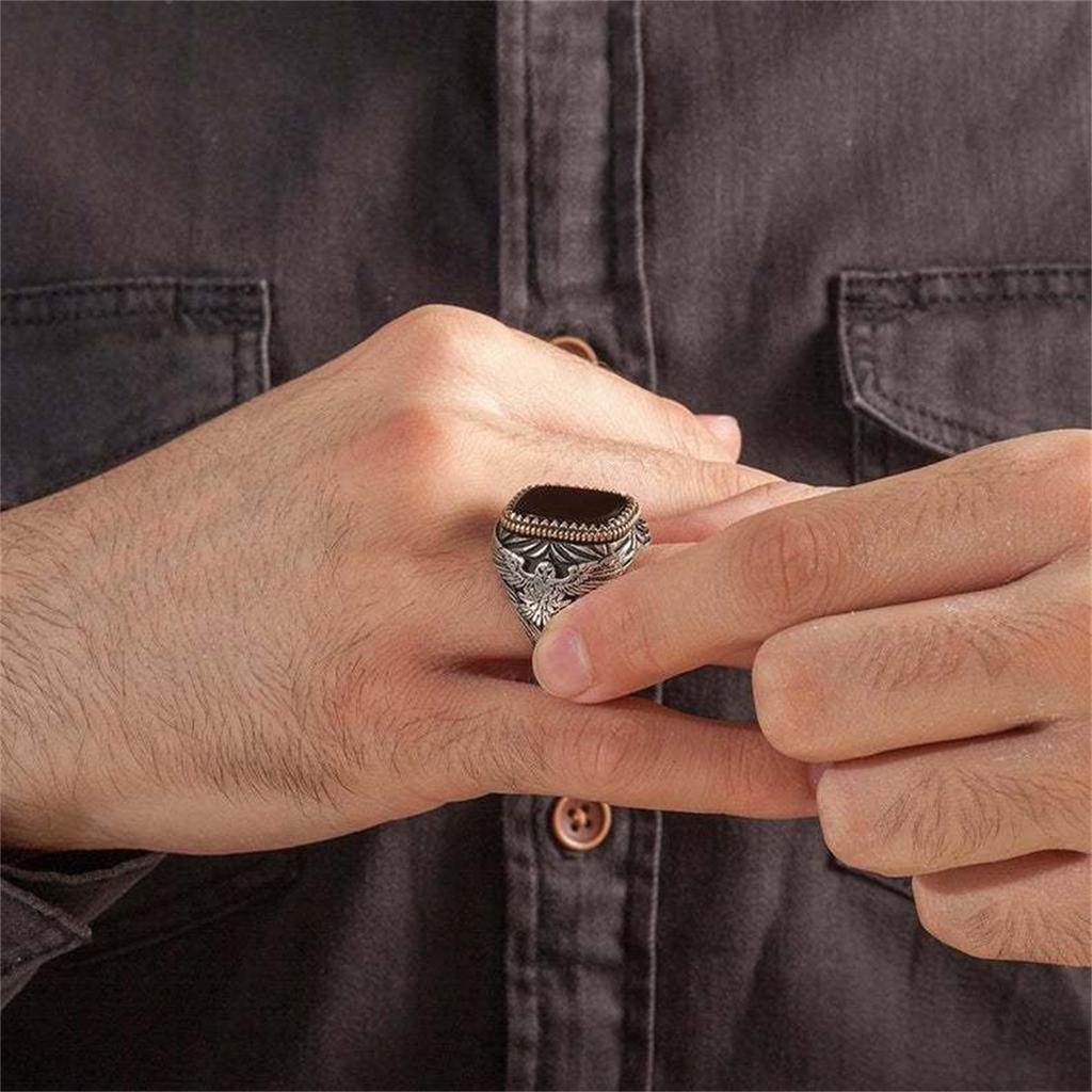 Ретро Ручной работы Турецкий Перстень Винтажные Мужские Древние Металлические Кольца с Орлом Инкрустированные Черным Цирконом Вечеринка Панк Мотоциклетная Ювелирные Изделия