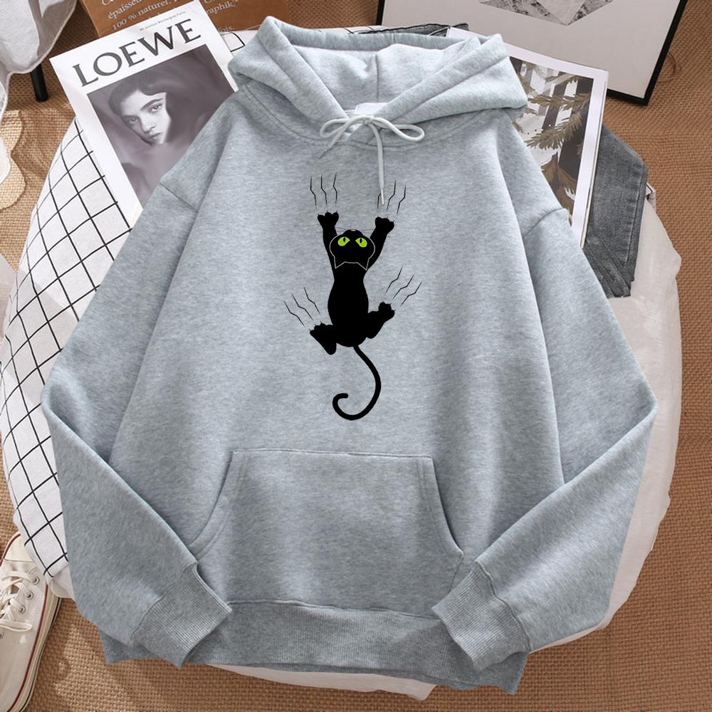 Naughty Black Cat Print Women's Hooded Hip-hop Comfortable Sweatshirt Cartoon Soft Hooded Harajuku Sportswear