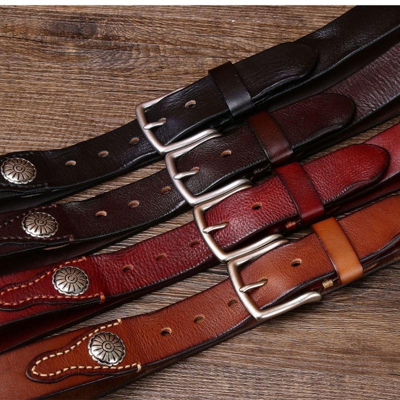 Мужской ремень из коровьей кожи первого слоя с перфорированной медной пряжкой в стиле ретро, тактический модный повседневный ремень для активного отдыха