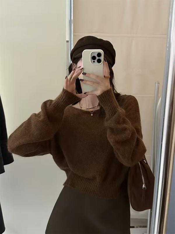 Korean Style One-Shoulder Wool Knit Sweater for Women - Autumn/Winter, Loose Fit, Plus Size, Street Style Base Layer Top