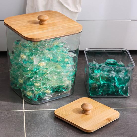 Контейнер для хранения шариков для стирки с бамбуковой крышкой, широкое отверстие, акриловый контейнер, органайзер для шариков стирального порошка, влагозащитный