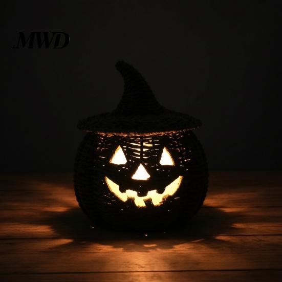 Autumn Indoor Decoration Handwoven Pumpkin Basket with Witch Hat Lid, Rustic Wicker Trick Sheltered Porch Decor or Treat Bucket for Outdoor Halloween
