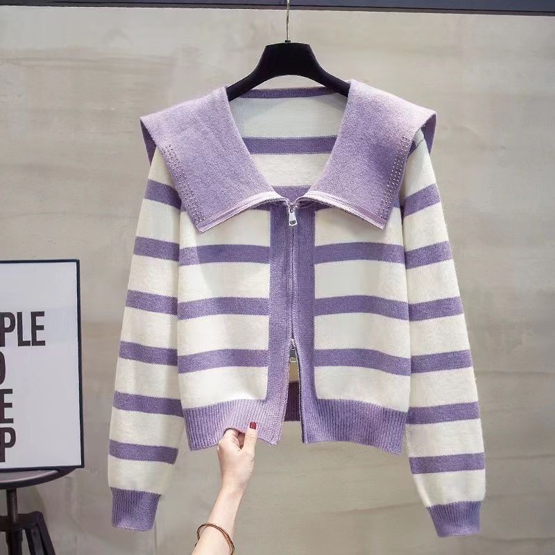 Свитер женский вязаный кардиган с кукольным вырезом женский 2023 осень новый свободный топ в полоску на молнии кардиган с длинным рукавом женский свитер пальто