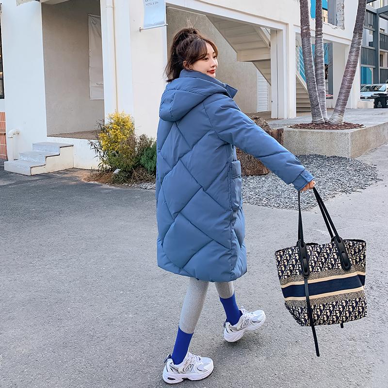 Женская осенне-зимняя однотонная свободная повседневная парка средней длины с капюшоном из ромбической решетки, пальто, куртки и верхняя одежда