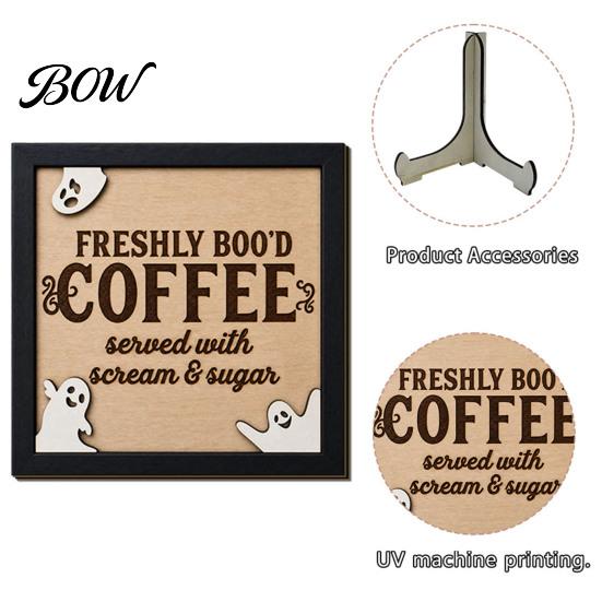Solid Wood Festive Plaque Halloween Wooden Coffee Photo Frame, Retro Distressed Sign for Frame Gift Countertop Decor, Rustic Autumn Holiday