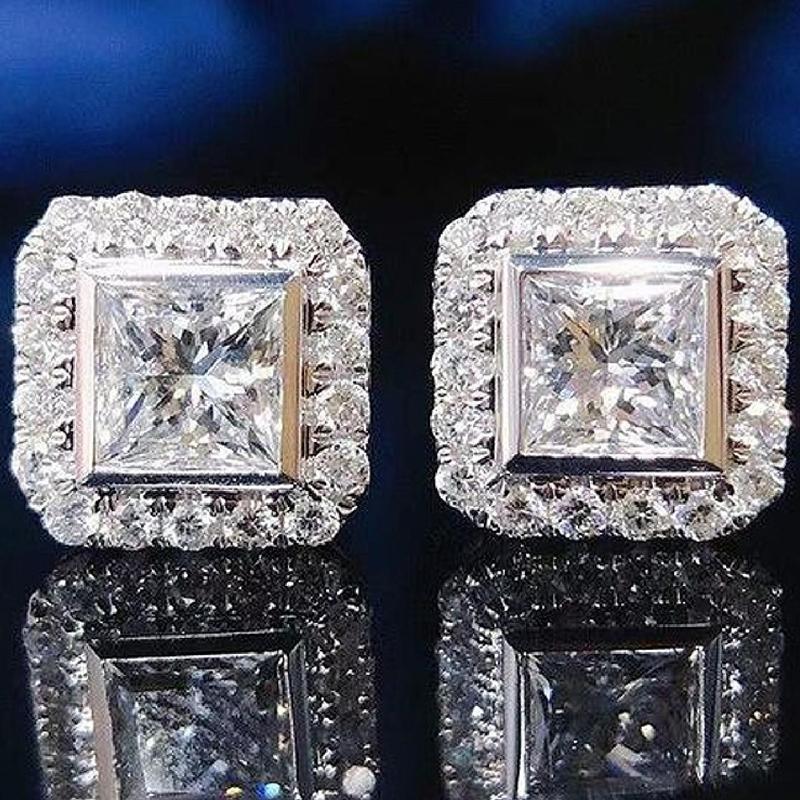 Brilliant Princess Cut White Zircon Stud Earrings for Women Silver Color Wedding Fine Jewelry Gifts