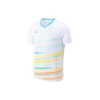 Футболка унисекс с коротким рукавом и логотипом серии Li Ning Badminton, геометрический узор, V-образный вырез, топ, стандартный белый AAYT577-3
