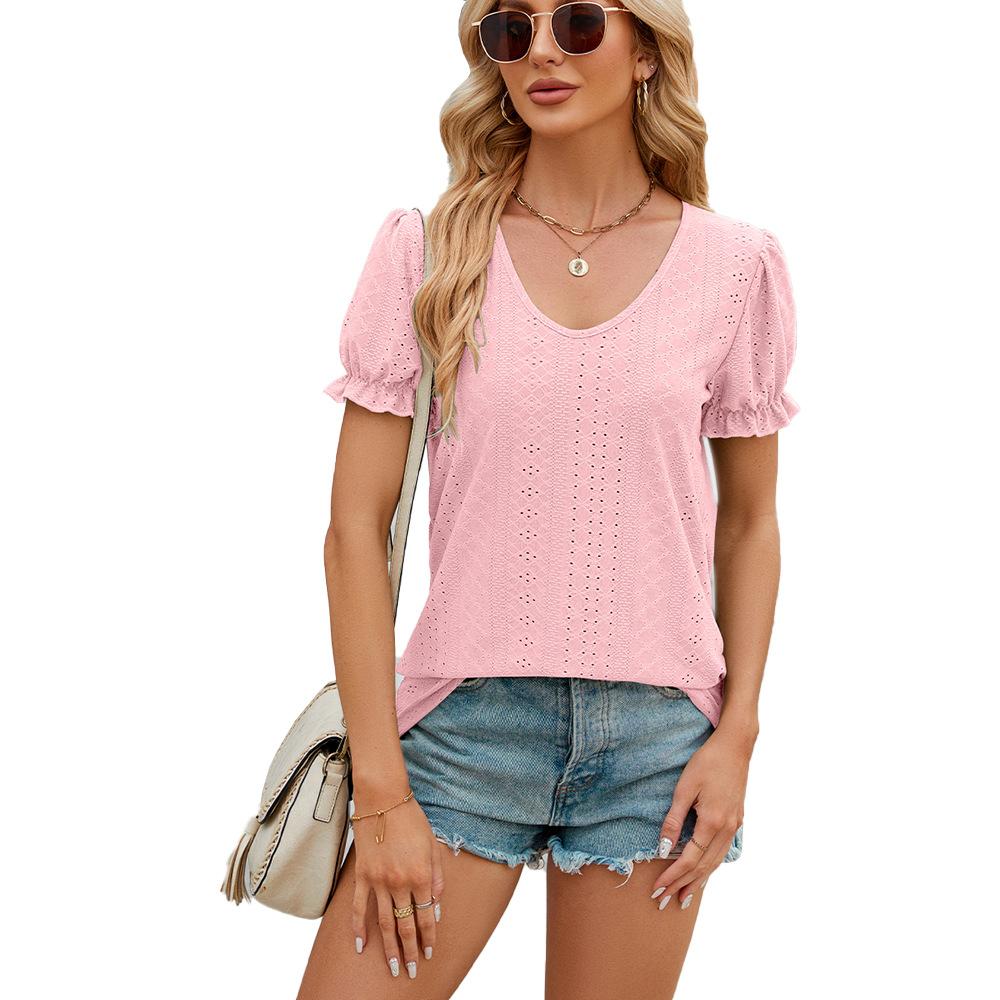 GMXIA Women's Fashion Casual Summer Spring Solid Color Print Short Sleeve U-Neck Loose Fold Blouses & Shirts