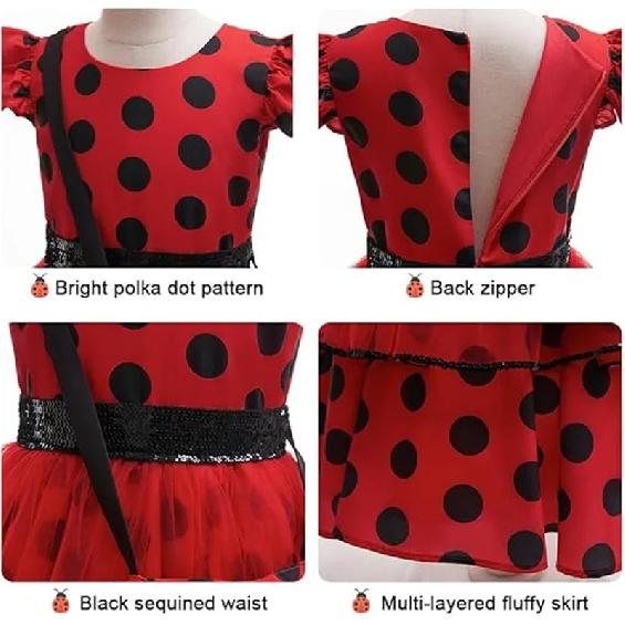 Girls Cosplay Costume Polka Dot Red Dress With Bag Gloves Mask Earrings For Kids Bug Halloween Birthday Dress Up