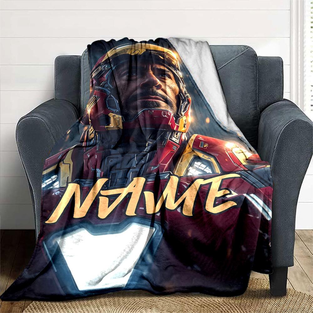 Iron Man In Dynamic Pose With Glowing Arc Reactor And Fiery Background Multipurpose Customizable Blanket Personalized Text Soft Cozy For Sofa Couch