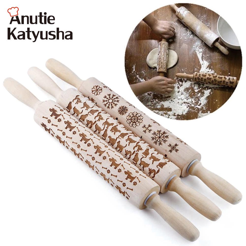 Wooden Rolling Pin Embossing Baking Cookies Noodle Biscuit Fondant Cake Dough Patterned Roller