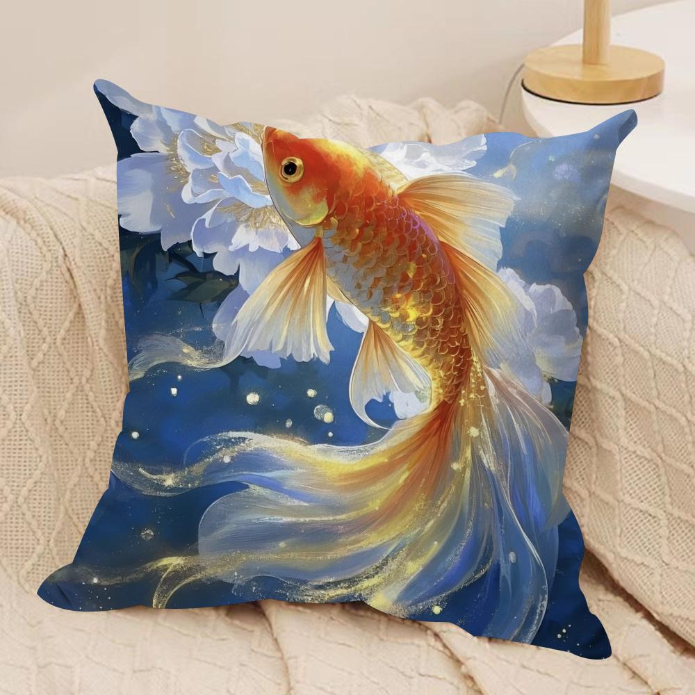 Auspicious koi carp Cushion Cover Soft Plush Fabric Double-Sided Printed Sofa Cushion Cover for All Seasons Home Decor Gift