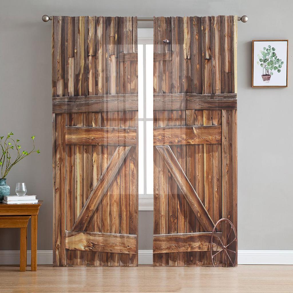 Wooden Door Stone Wall Shabby Retro Tulle Curtains for Living Room Decoration Modern Chiffon Sheer Voile Kitchen Bedroom Curtain