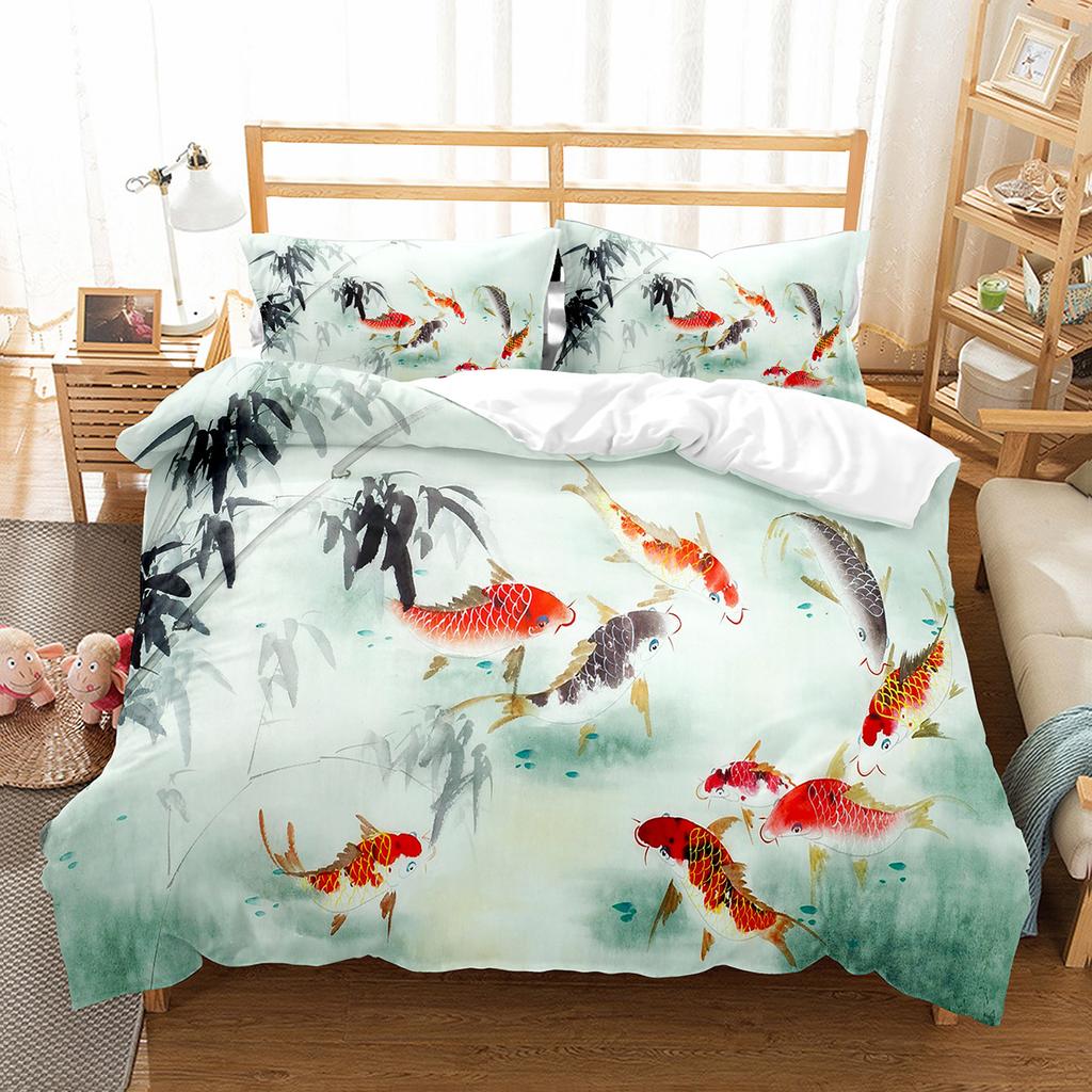 Fish Duvet Cover Set Koi Carp Pattern Polyester Comforter Cover King Queen Full Size for Kids Teens Bedding Set with Pillowcase