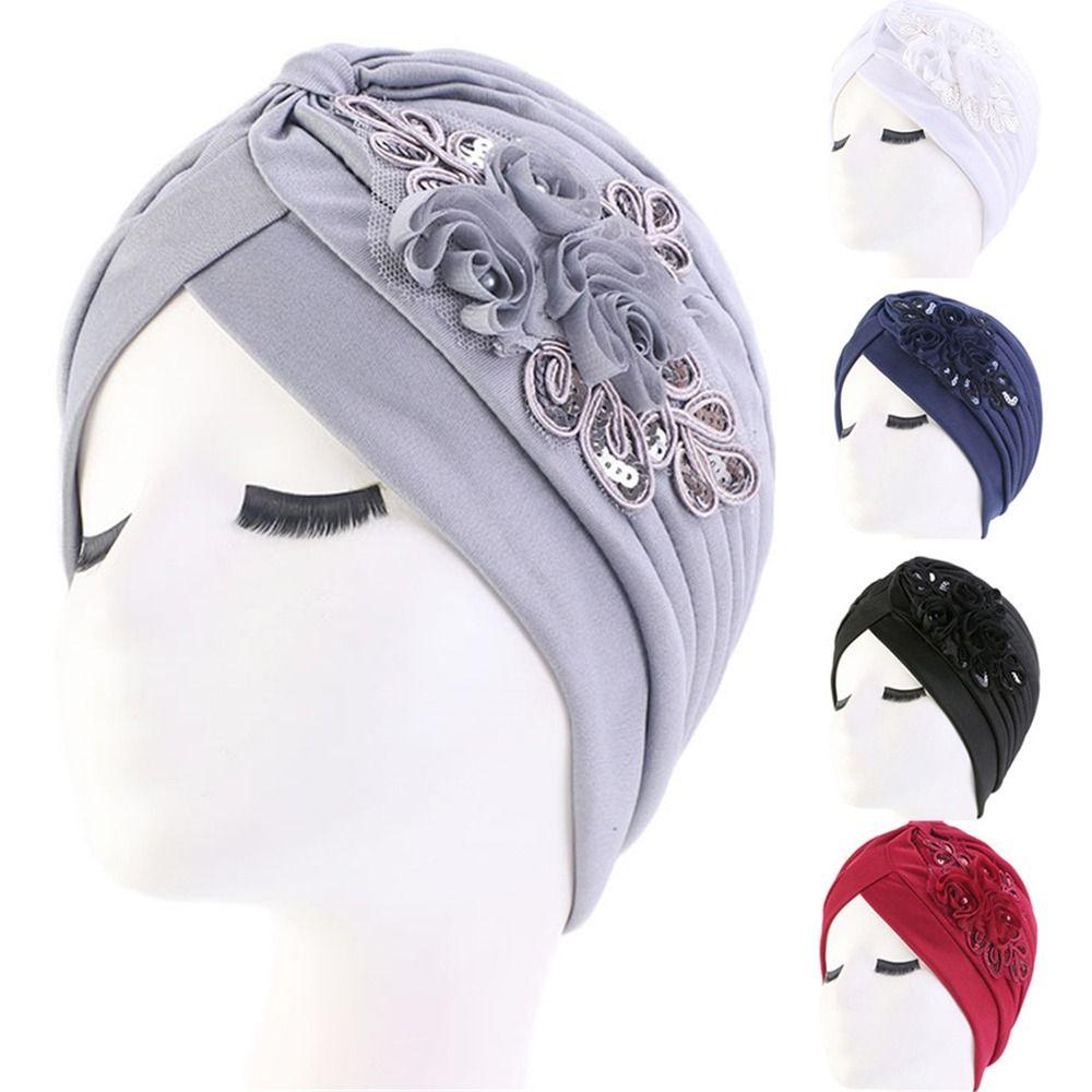 Sequin Flower Headwear Bandana Sleep Cap Muslim Turban Hat Indian Inner Hijabs Head Wrap