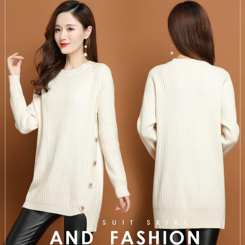 Women's Crew Neck Sweater Autumn Winter Loose Midi Pullover Knitwear Simple Irregular Hem Thick Knit Top Solid Color Stretch Jumper