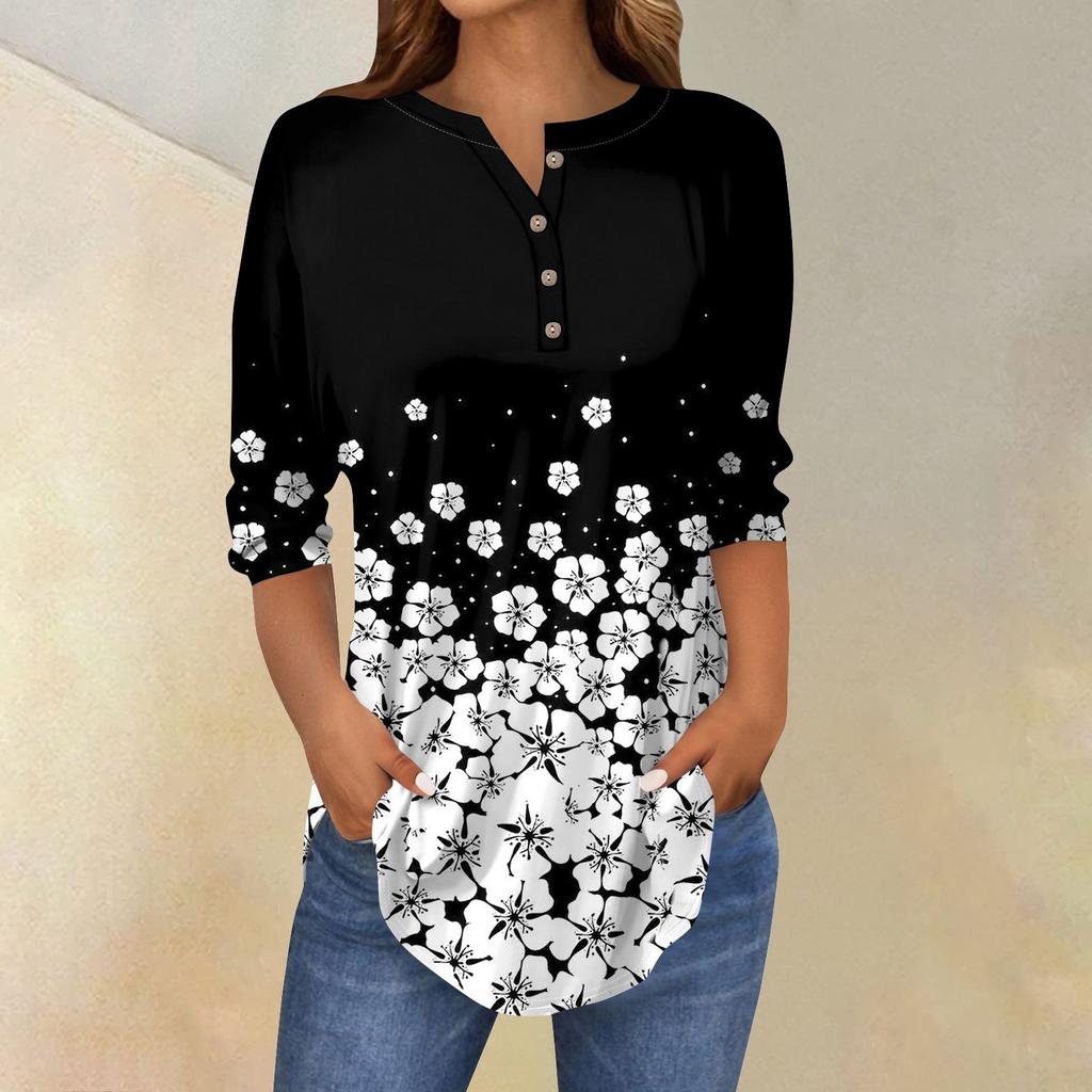 3/4 Length Sleeve Womens Tops Summer T-Shirts Floral Print V Neck Casual Basic Tee Button Shirts Tunic Tops
