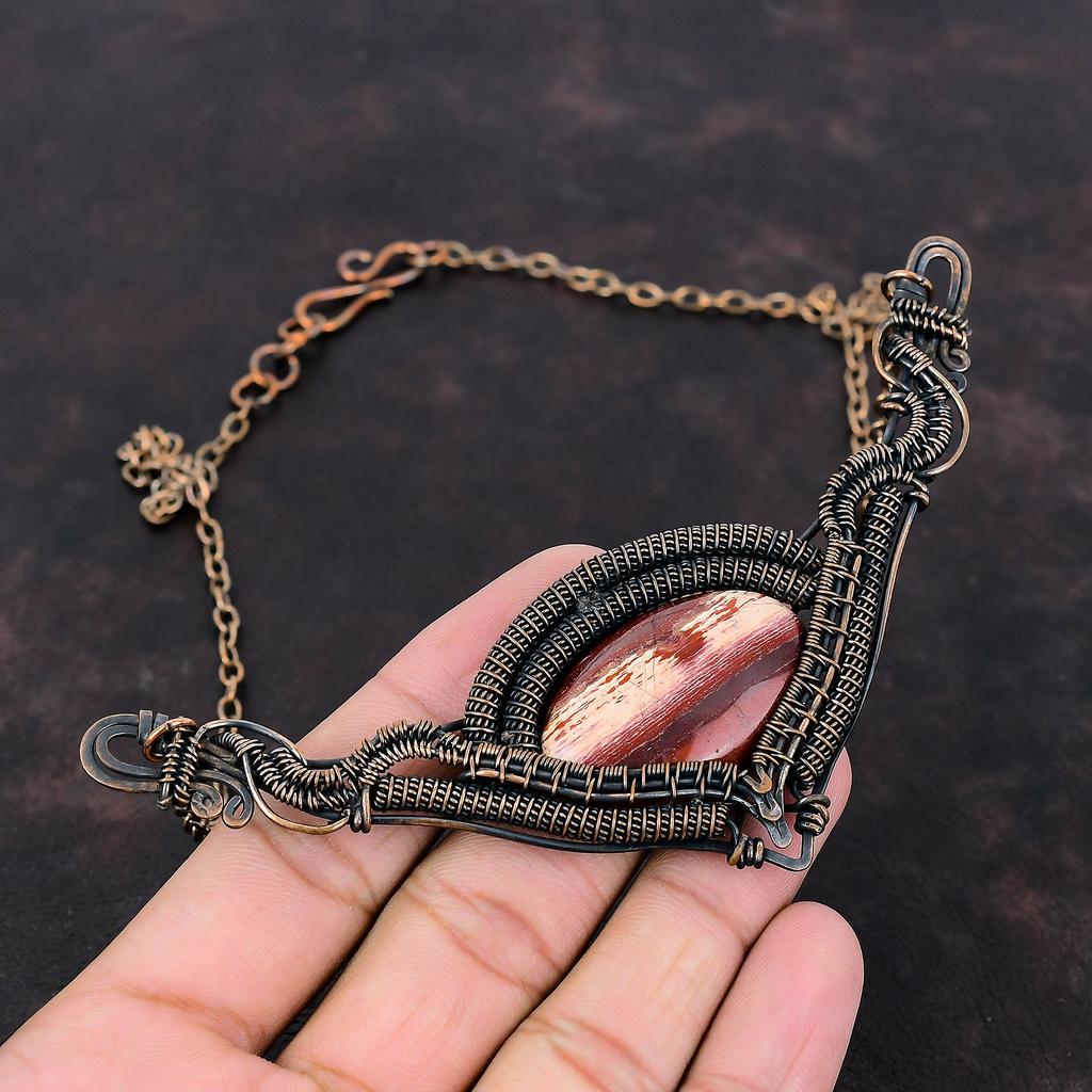 Red Snakeskin Jasper Necklace Copper Wire Wrapped Necklace Handmade Gemstone Jewelry Adjustable Chain Necklace Copper Wire Jewelry For Gift