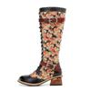 Johnature Handpainted Genuine Leather Women Long Boots Retro Floral Lace Up Belt Buckle Mid-calf Boots