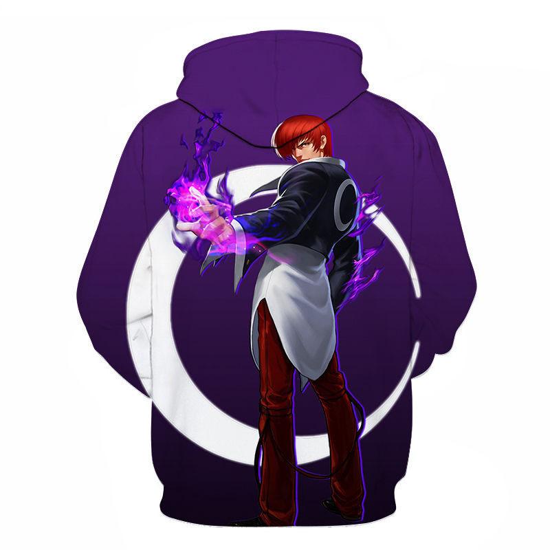 Фиолетовый градиентный худи унисекс The King of Fighters Иори Ягами Вид сзади Фиолетовый круг с пламенем Графика Аниме KOF Уличная одежда Толстовка