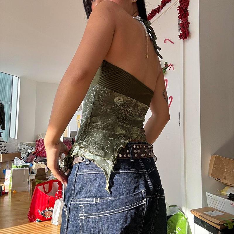 Женская майка с винтажным принтом, неровным подолом и висячим воротом, дизайнерская трикотажная лоскутная подтяжка