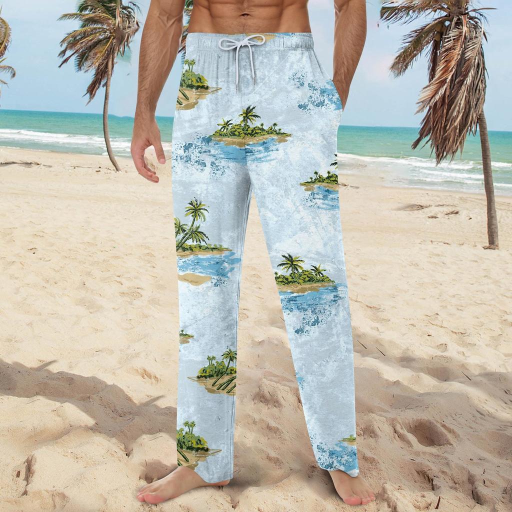 Men's Hawaiian Print Soft Home Pajama Pants Drawstring Casual Sweatpants