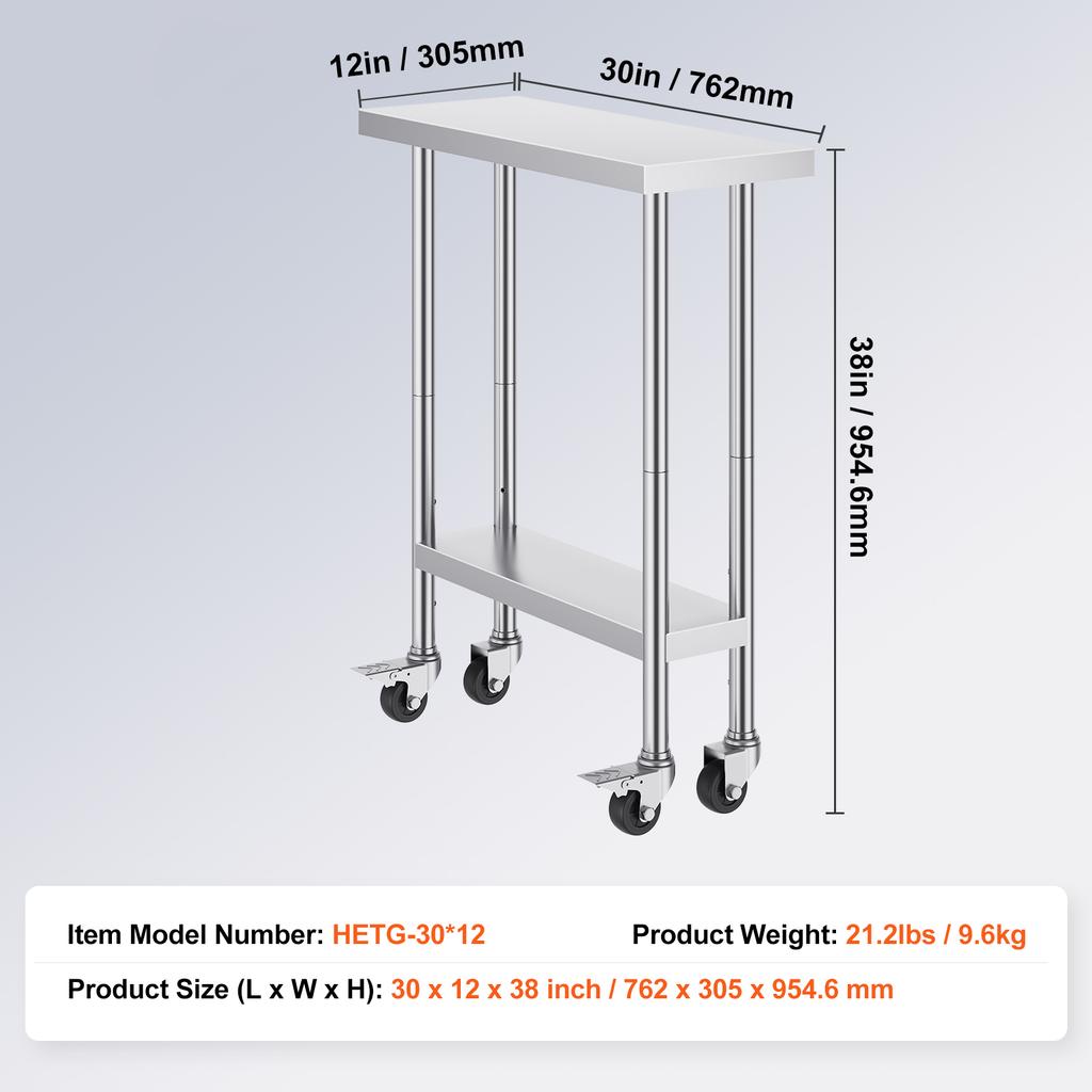 SucceBuy Stainless Steel Work Table with Wheels 3 Adjustable Height Levels Heavy Duty Food Prep Worktable for Commercial Kitchen