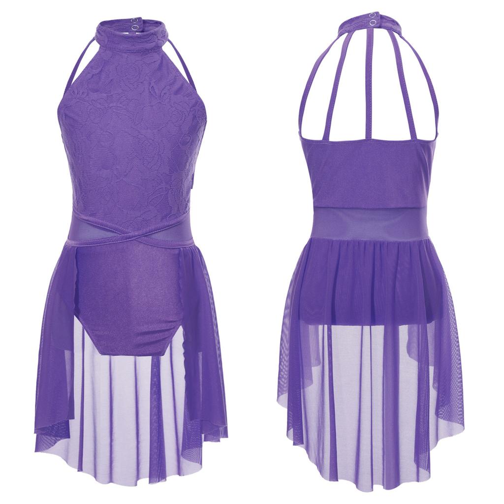 Лирическое платье для девочек, кружевное платье с цветочным принтом и открытой спиной, танцевальное трико с неровным подолом, детская танцевальная одежда