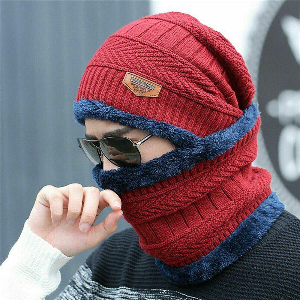 Warm Knit Cap Plus Velvet Coral Fleece Scarf Men Women Winter Hats