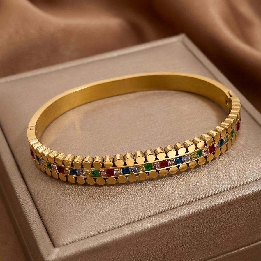 Elegant Inlaid Colorful Column Bracelet, Fashionable and Sophisticated Women's Open Hand Jewelry