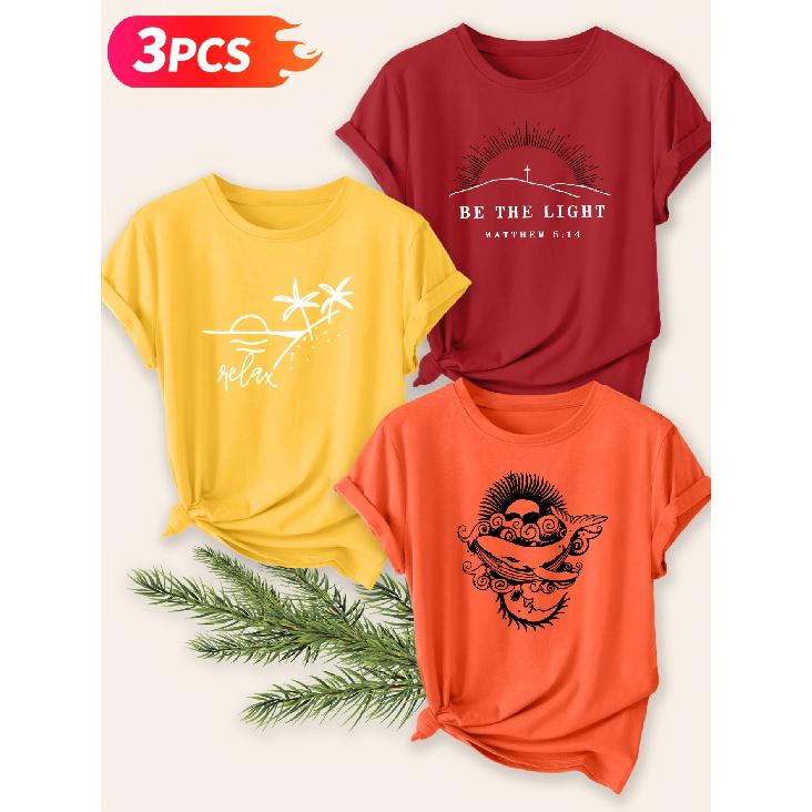 Three-piece set Elegant short-sleeved shirt for women Spiritual and Aesthetic Theme Printed Round Neck Women's T Shirt Suitable for spring