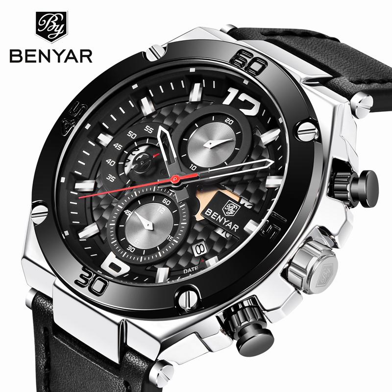 BENYAR Mens Quartz Sports Watches Men Leather Band Watch Men Waterproof Military Wristwatch