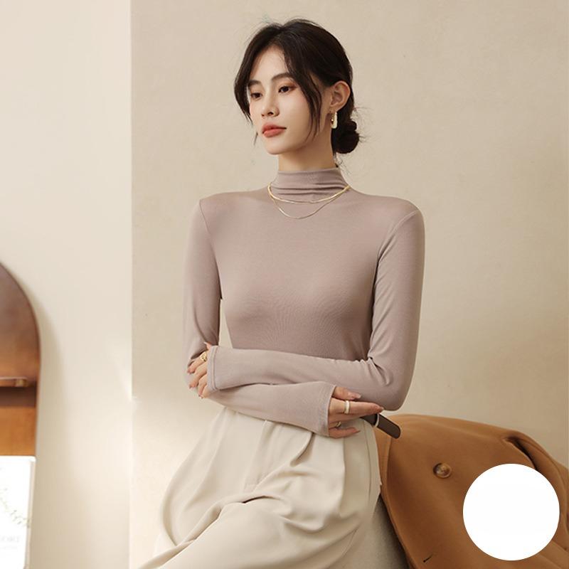 Autumn and Winter Elegant Half-high Collar Modal Base Shirt Women's Autumn Fleece-lined Women's Slim-fit Long-sleeved High Collar Inner Top