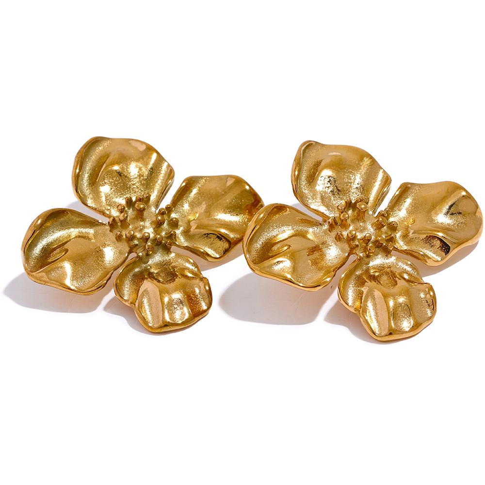 Yhpup Waterproof Stainless Steel Flower Stud Earrings 18k Gold Color Plated Metal Texture Fashion Jewelry for Women Gala Gift
