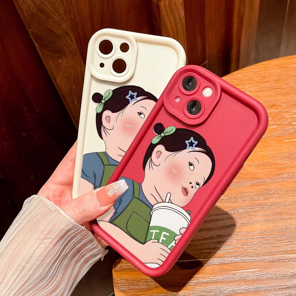 Cartoon Milk Tea Girl Phone Case for iPhone Samsung Galaxy Xiaomi Redmi POCO HUAWEI Honor Shockproof Rubber Soft Flexible Cover Casing