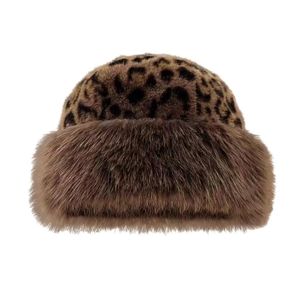 Норковый мех Леопардовый принт Плюшевая Монгольская шапка без полей Плюшевая Панама Осень и Зима