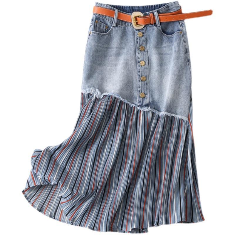Design Sense Draped and Versatile Chiffon Pleated Stitched Denim Skirt In Spring, Thin and Irregular Medium Length A-line Skirt