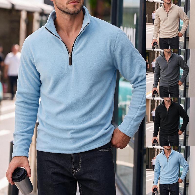 Men S Fleece Half Zip Solid Color Stand Collar Sweatshirt