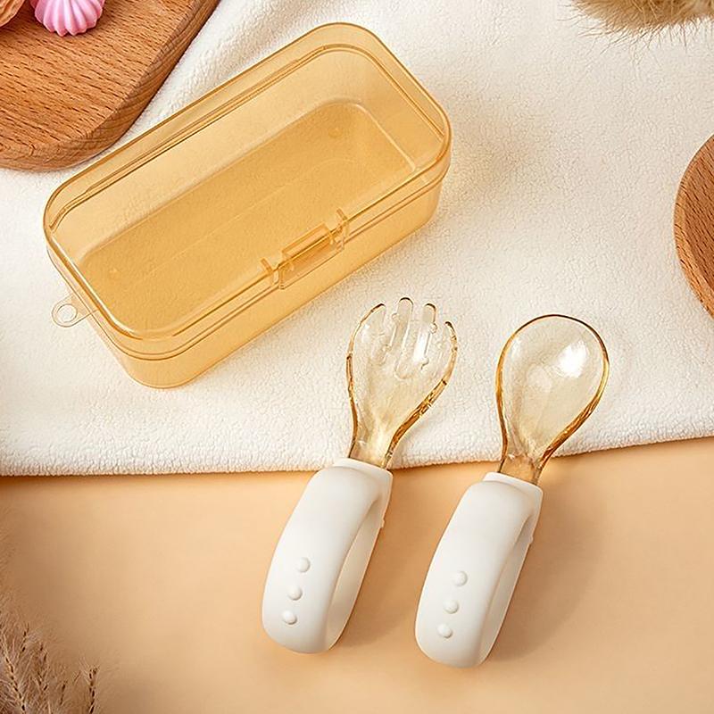 Набор столовых приборов из силикона для детей с короткими ручками, обучающая ложка для кормления ребенка, детская ложка, локтевая ложка, вилка, ящик для хранения