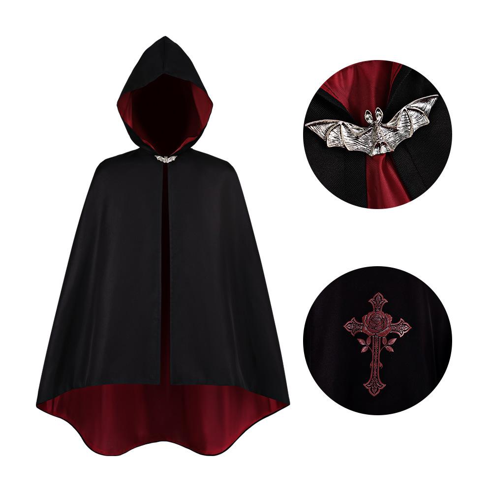 Halloween Dark Gothic Vampire Hooded Cloak Black and red reversible medieval-style cape cos Costume