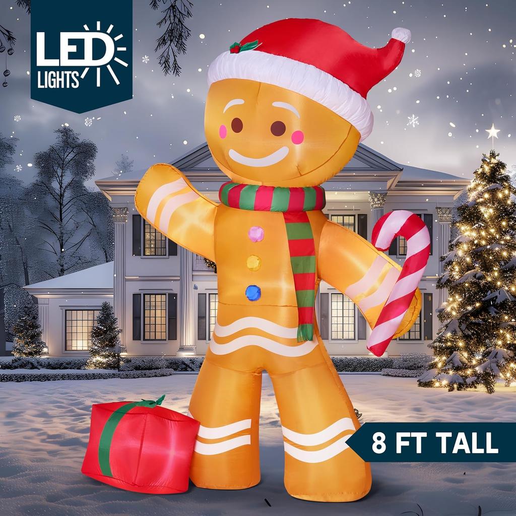 8 FT Xmas Inflatable Gingerbread Man featuring Candy Cane featuring Build-in LEDs designed for Xams Celebration Outdoor Dcor