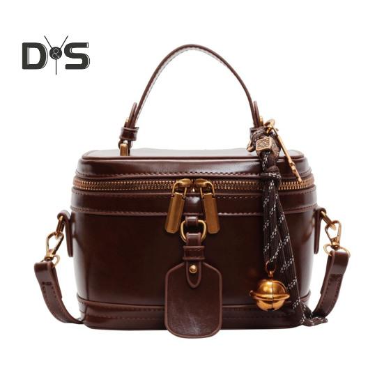 Crossbody Bag Bucket Shape Faux Leather Bell Rope Decor Handbag Vintage Zipper Closure Smooth Surface Shoulder Bag for Work Party Travel
