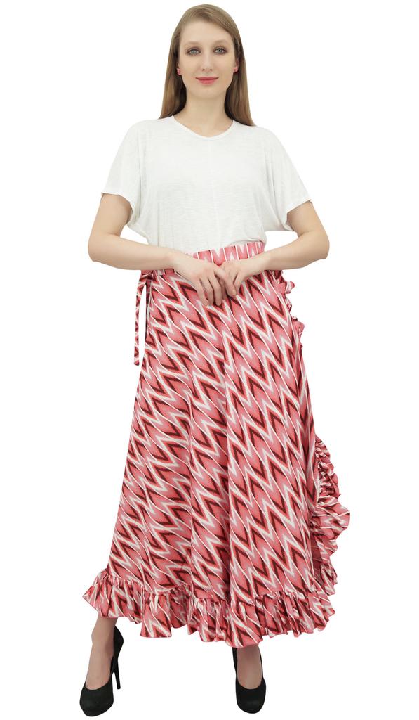 Phagun Cotton Ruffled Self Belt Ikat Printed Women's Wrap Hippie Skirt-Blue