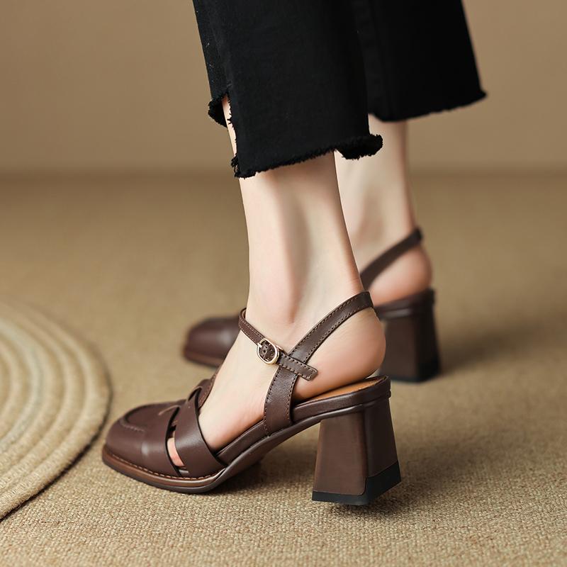2024 Новый размер 34-43 Ретро натуральная кожа ретро сандалии женские высшего качества женские летние туфли с пряжкой толстые высокие каблуки сандалии